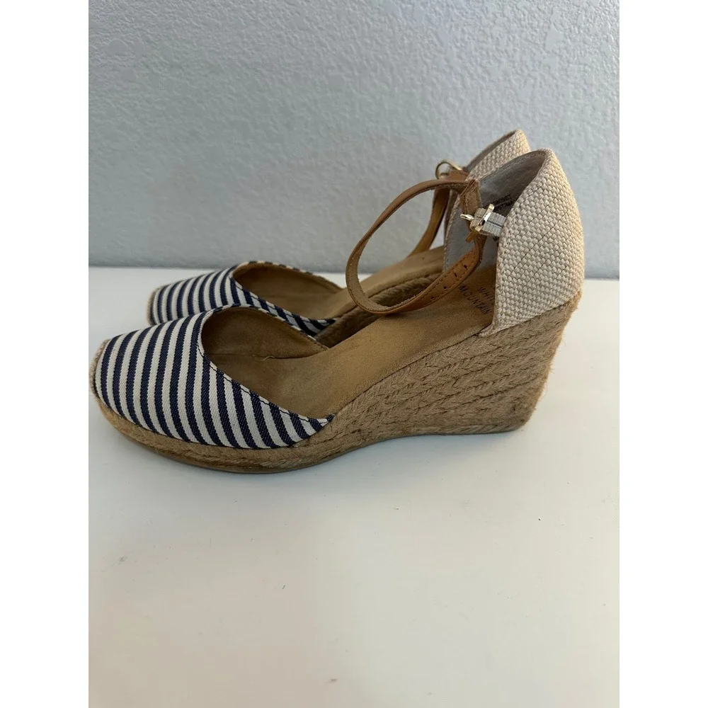 White Mountain Women's Blue Striped Espadrille Ankle Strap Wedge Sandals 7.5M